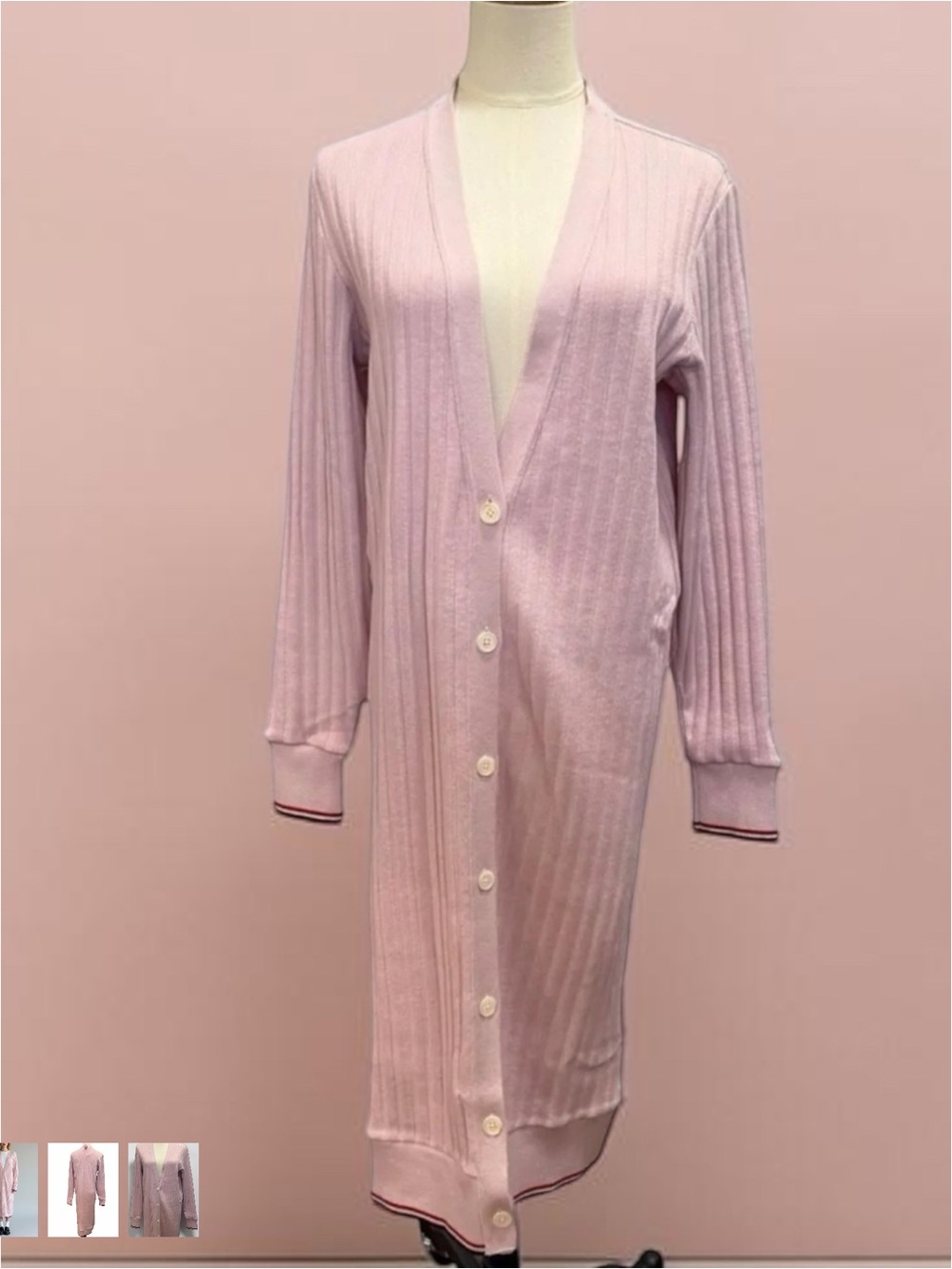 Thom Browne Ribbed Long Button-Front Robe Cardigan in Pale Pink - Picture 3 of 7